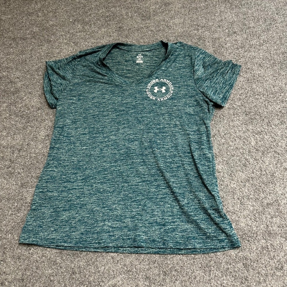 Under Armour T-Shirt Womens Large Teal Space Dye Loose Fit V-Neck Athletic Logo